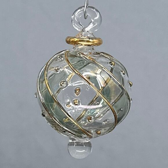Egyptian Museum Hand Blown Glass Ornament Set 2 Gold Trim Spiral Iridescent Box - Picture 4 of 16